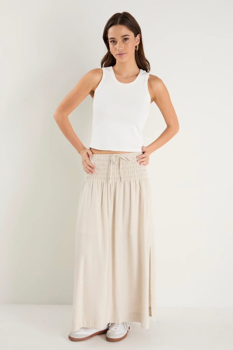 Byron Natural Linen Shirred Waist Maxi Skirt
