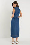 Crescent Storm Blue Denim Sleeveless Midi Shirt Dress