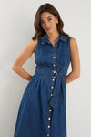 Crescent Storm Blue Denim Sleeveless Midi Shirt Dress