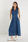 Crescent Storm Blue Denim Sleeveless Midi Shirt Dress