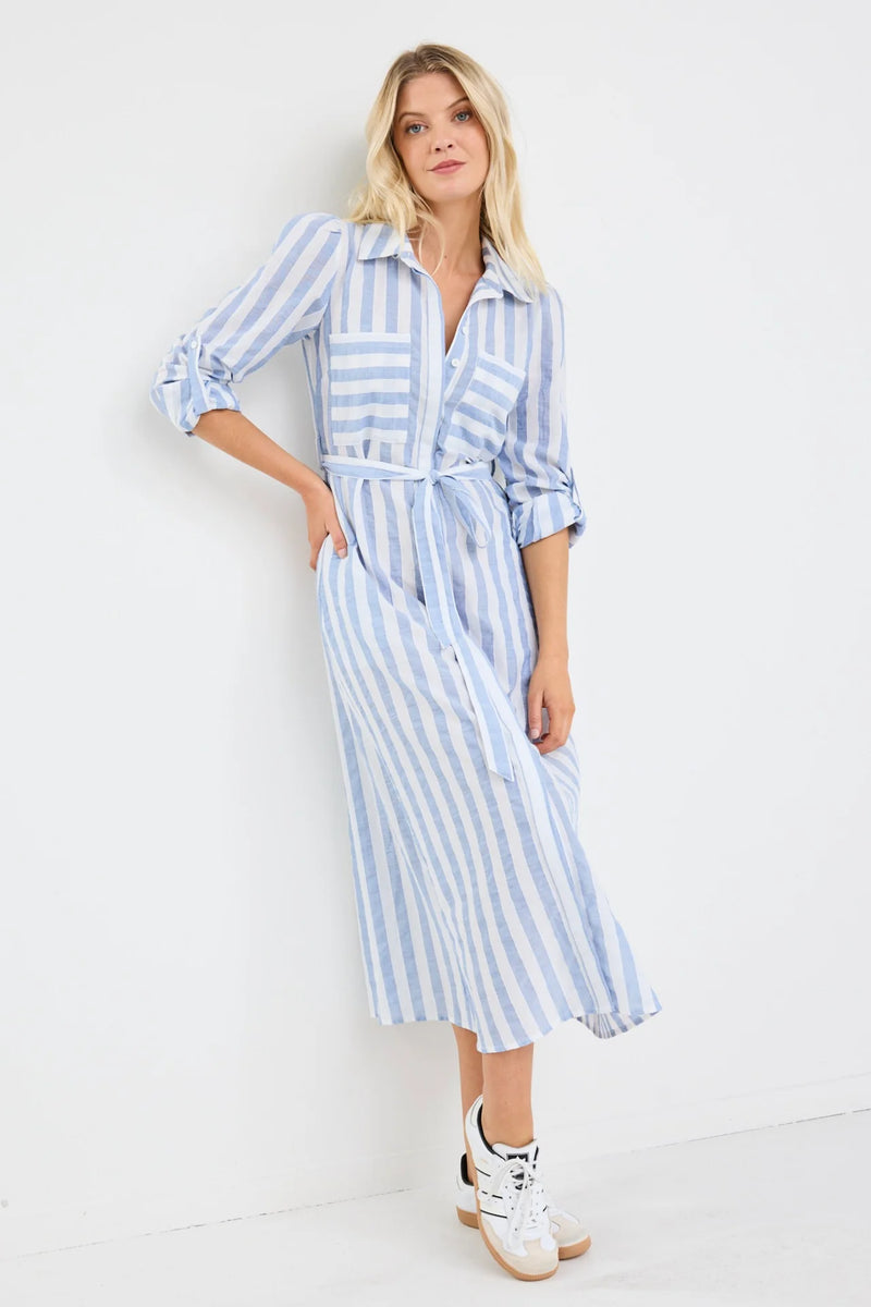Cyprus Blue Stripe LS Shirt Midi Dress