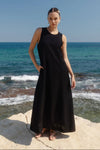 Easygoing Black Linen Blend Sleeveless Crew Neck Midi Dress