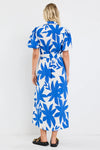 Dusk Bright Blue Abstract Puff Short Sleeve Maxi Shirt Dress