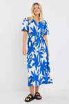 Dusk Bright Blue Abstract Puff Short Sleeve Maxi Shirt Dress