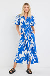 Dusk Bright Blue Abstract Puff Short Sleeve Maxi Shirt Dress