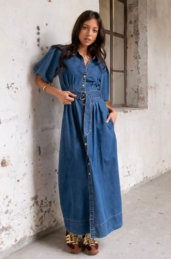 denim puff sleeve maxi dress Dark blue denim puff sleeve long dress DESTREE