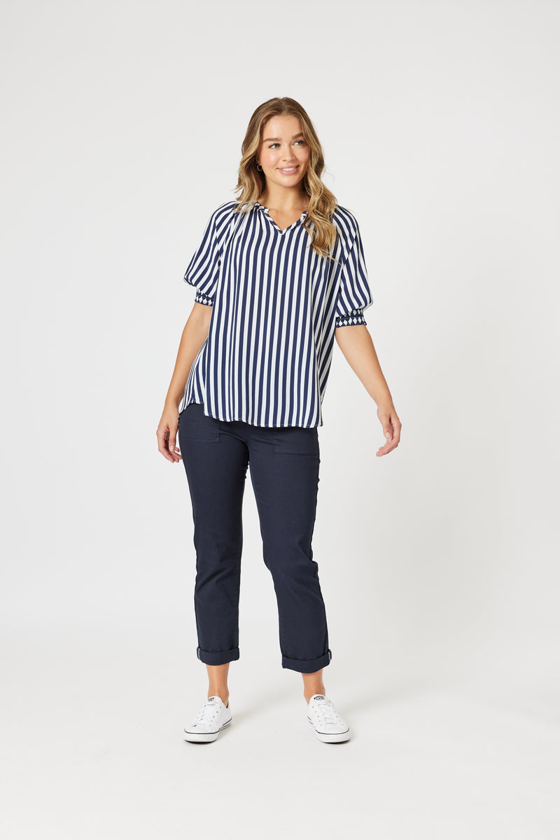 Harlequin Stripe Print Top - Navy/White