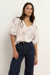 Recall Ivory Sketch Floral Pleat Sleeve Crew Top