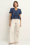 Restore Storm Blue Chambray Tie Front Peplum SS Top