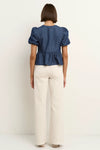 Restore Storm Blue Chambray Tie Front Peplum SS Top