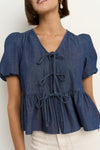 Restore Storm Blue Chambray Tie Front Peplum SS Top