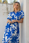 Dusk Bright Blue Abstract Puff Short Sleeve Maxi Shirt Dress