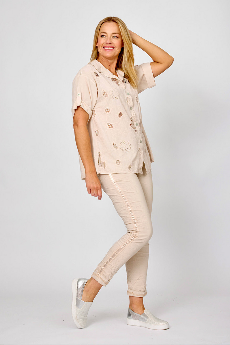Mesh Embroidered Shirt- Beige