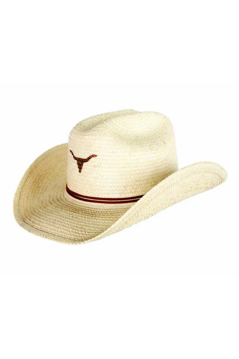 Kids Cattleman Palm Leaf Hat - Natural/Single Longhorn