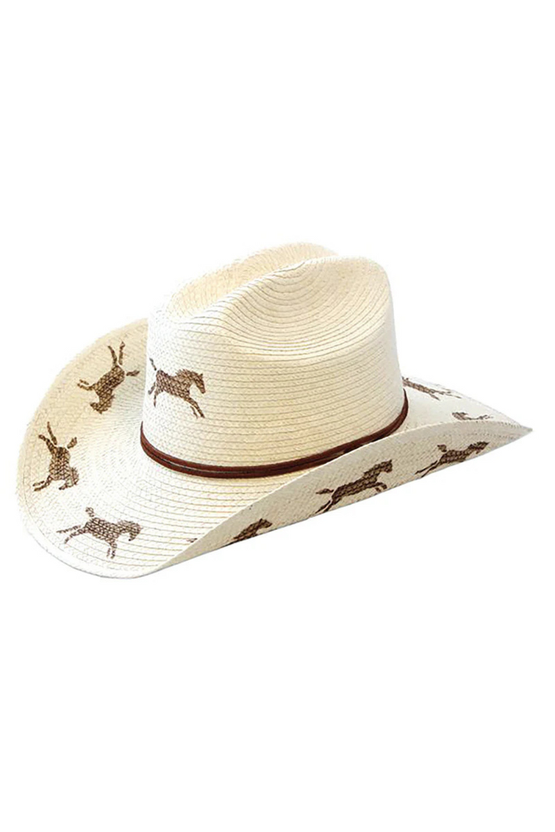 Kids Cattleman Palm Leaf Hat - Natural/Running Horses