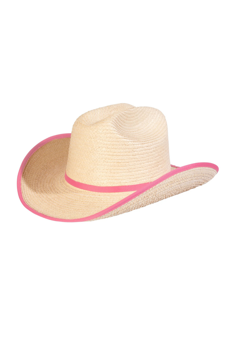 Kids Cattleman Palm Leaf Hat - Natural/Shocking Pink - Vault Country Clothing