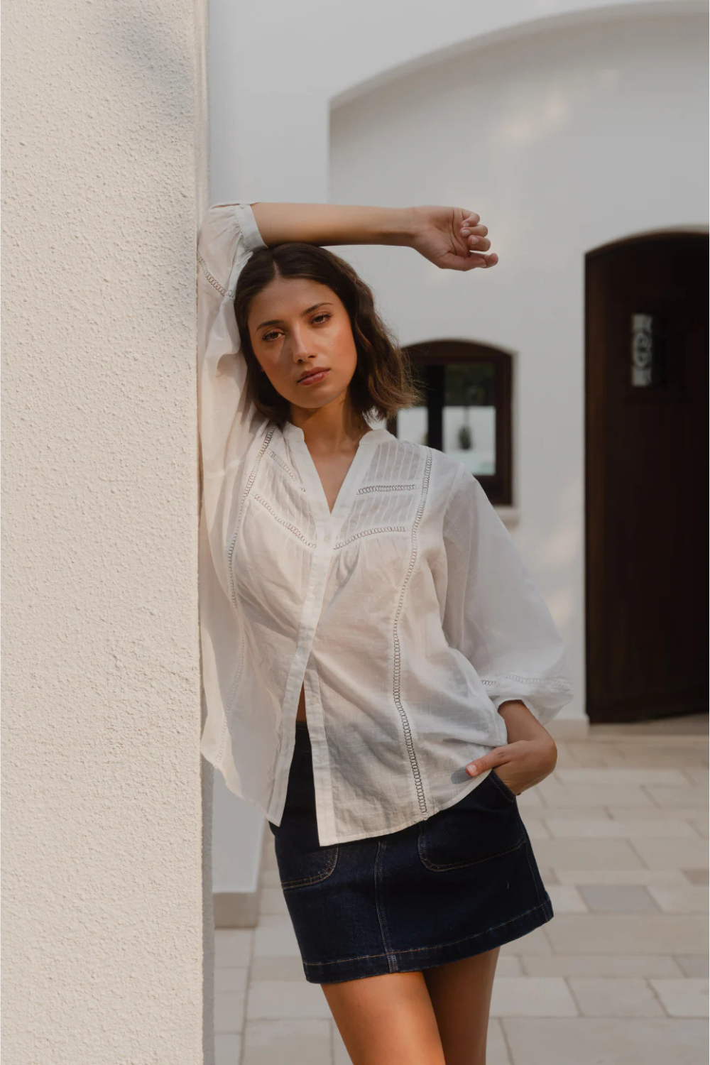 Ornamental White Lace Insert Pintuck SS Shirt