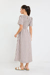 Wren Chocolate Stripe Cotton SS Shirred Bodice Midi Dress