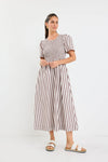 Wren Chocolate Stripe Cotton SS Shirred Bodice Midi Dress