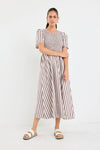 Wren Chocolate Stripe Cotton SS Shirred Bodice Midi Dress
