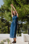 Crescent Storm Blue Denim Sleeveless Midi Shirt Dress
