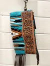 Turq Saddle Blanket Tassel Clutch with Brown Tooling Details